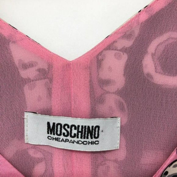 MOSCHINO Black and Pink V Neck Bones Prehistoric Print Silk Dress Cheap and Chic - Picture 5 of 7